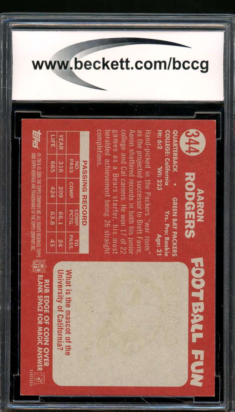 Aaron Rodgers Rookie Card 2005 Topps Heritage #344B BGS BCCG 10 Image 2