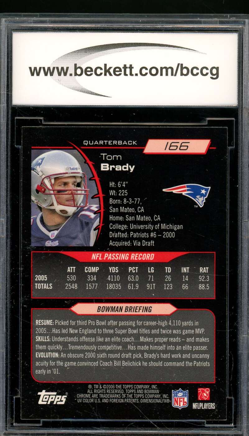 Tom Brady Card 2006 Bowman Chrome #166 BGS BCCG 10 Image 2