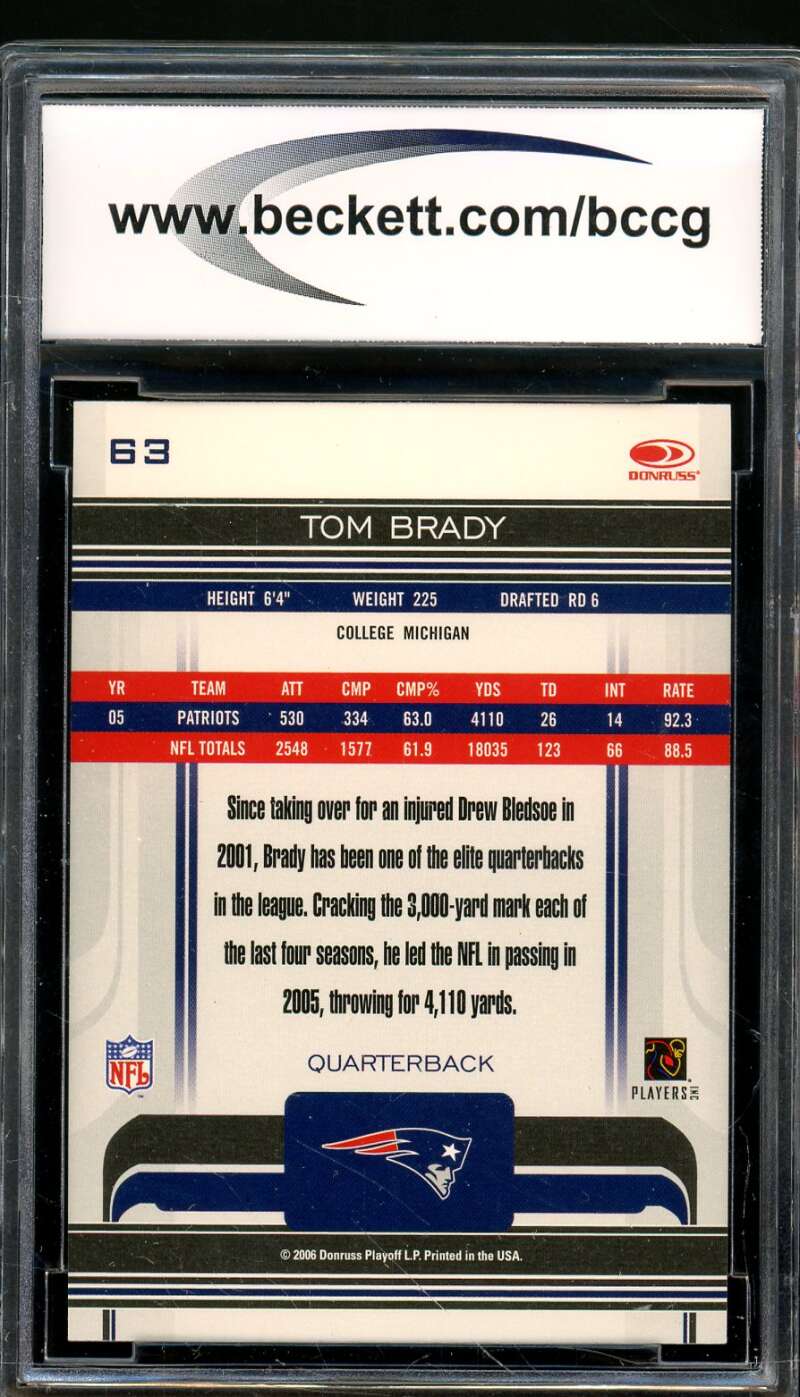 Tom Brady Card 2006 Donruss Gridiron Gear #63 BGS BCCG 10 Image 2