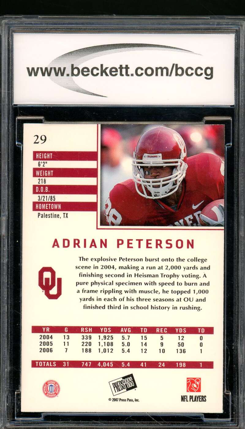 Adrian Peterson Rookie Card 2007 Press Pass Se #29 BGS BCCG 10 Image 2