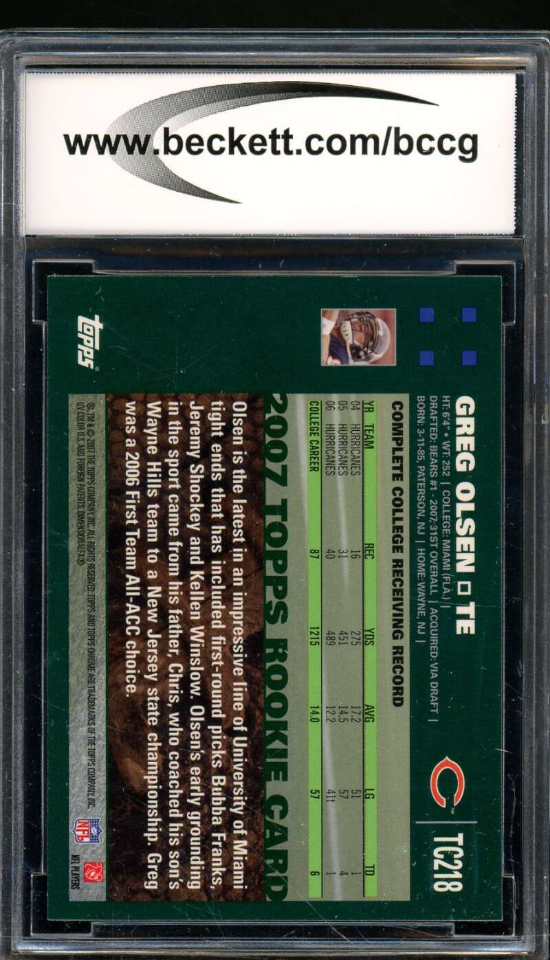 Greg Olsen Rookie Card 2007 Topps Chrome #Tc218 BGS BCCG 10 Image 2