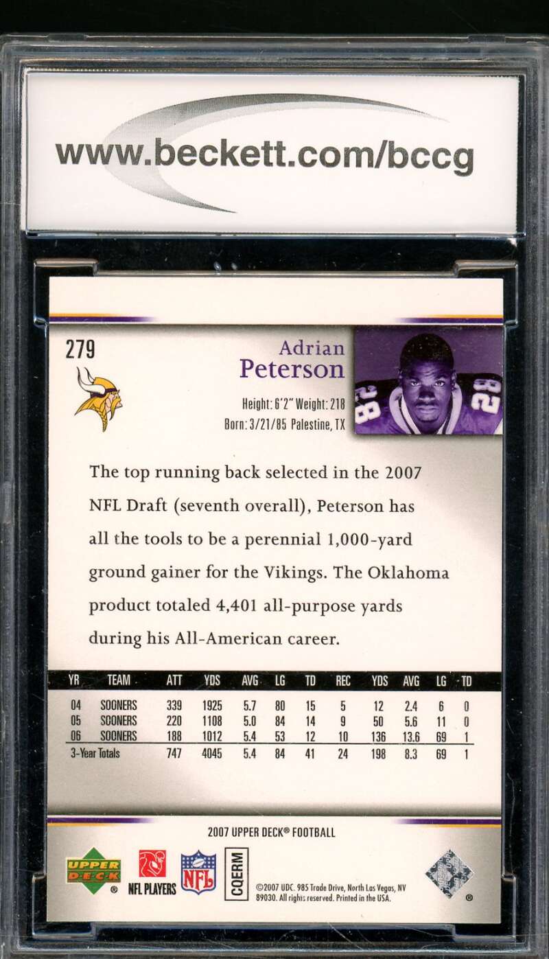 Adrian Peterson Rookie Card 2007 Upper Deck Rookie Exclusives #279 BGS BCCG 10 Image 2