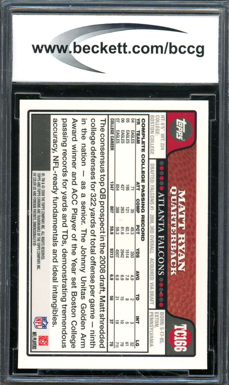 Matt Ryan Rookie Card 2008 Topps Chrome #TC166 BGS BCCG 10 Image 2