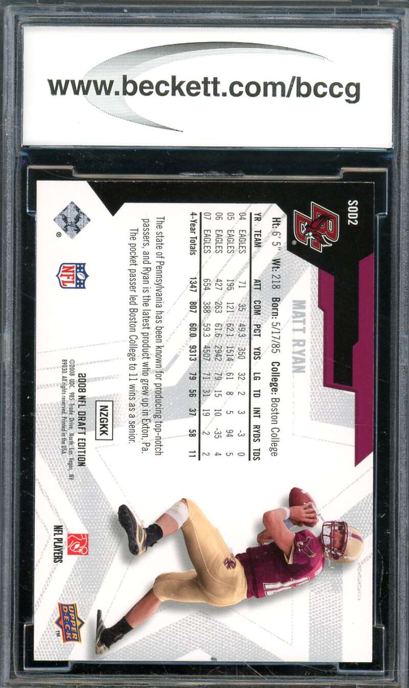 Matt Ryan Rookie Card 2008 UD Draft Edition #SOD2 BGS BCCG 10 (Read) Image 2