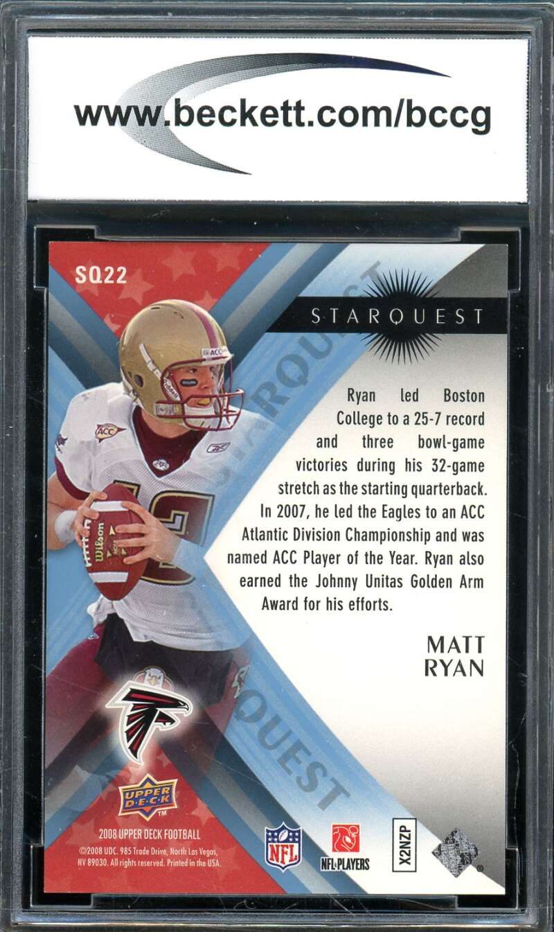 Matt Ryan Rookie Card 2008 Upper Deck Star Quest Rainbow Blue #22 BGS BCCG 10 Image 2