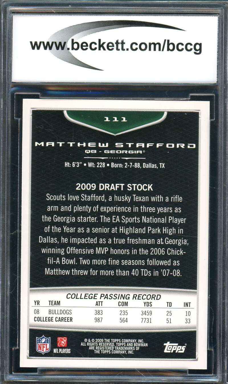 Matthew Stafford Rookie Card 2009 Bowman Draft #111 BGS BCCG 10 Image 2