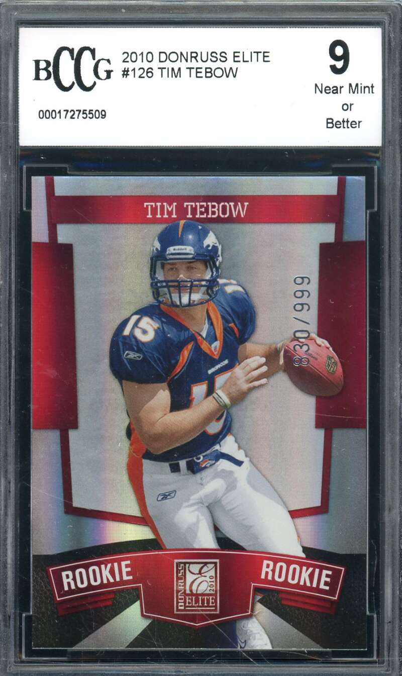 Tim Tebow Rookie Card 2010 Donruss Elite #126 BGS BCCG 9 (Read) Image 1