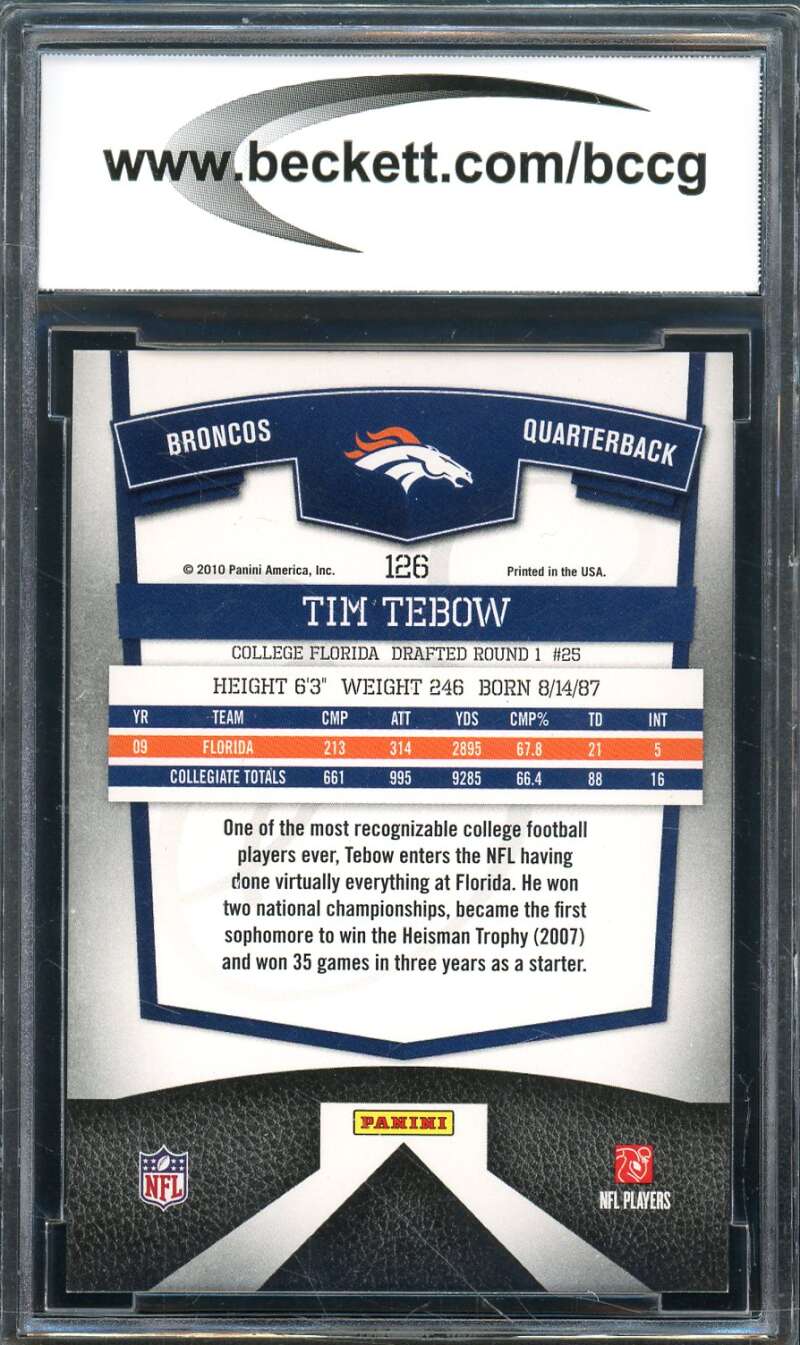 Tim Tebow Rookie Card 2010 Donruss Elite #126 BGS BCCG 9 (Read) Image 2