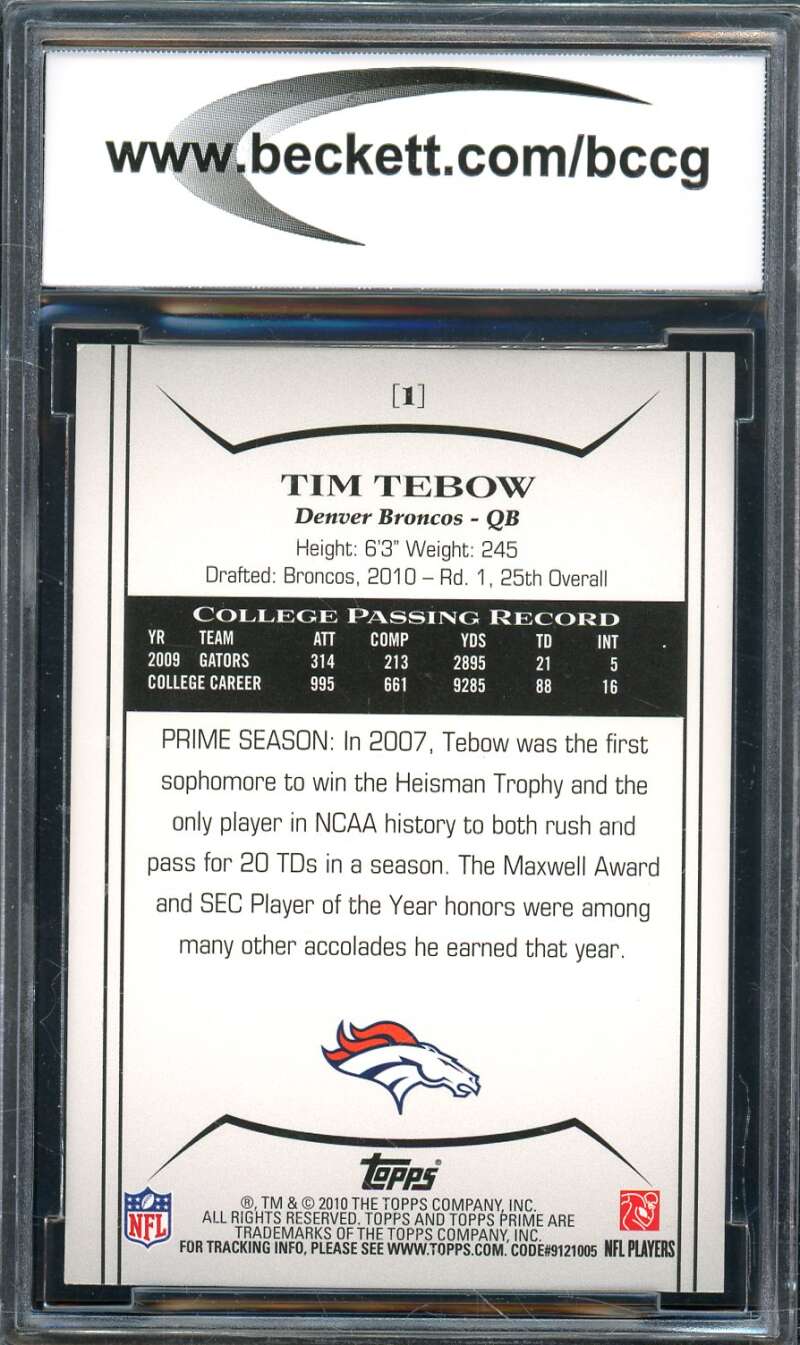 Tim Tebow Card 2010 Topps Prime Retail #1 BGS BCCG 10 Image 2