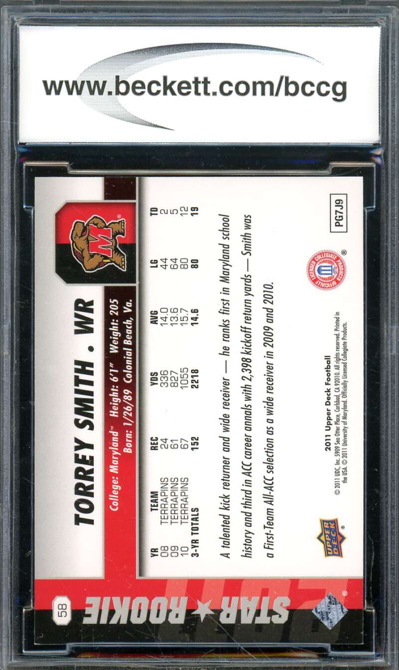 Torrey Smith Rookie Card 2011 Upper Deck #58 BGS BCCG 10 Image 2