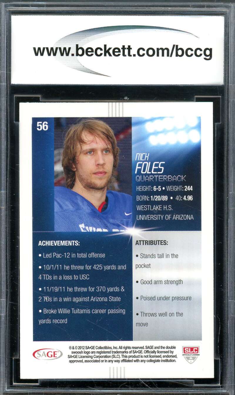 Nick Foles Rookie Card 2012 Sage Hit Silver #56 BGS BCCG 10 Image 2