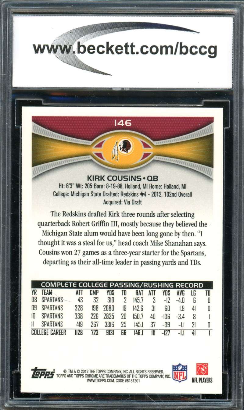 Kirk Cousins Rookie Card 2012 Topps Chrome #146 BGS BCCG 9 Image 2