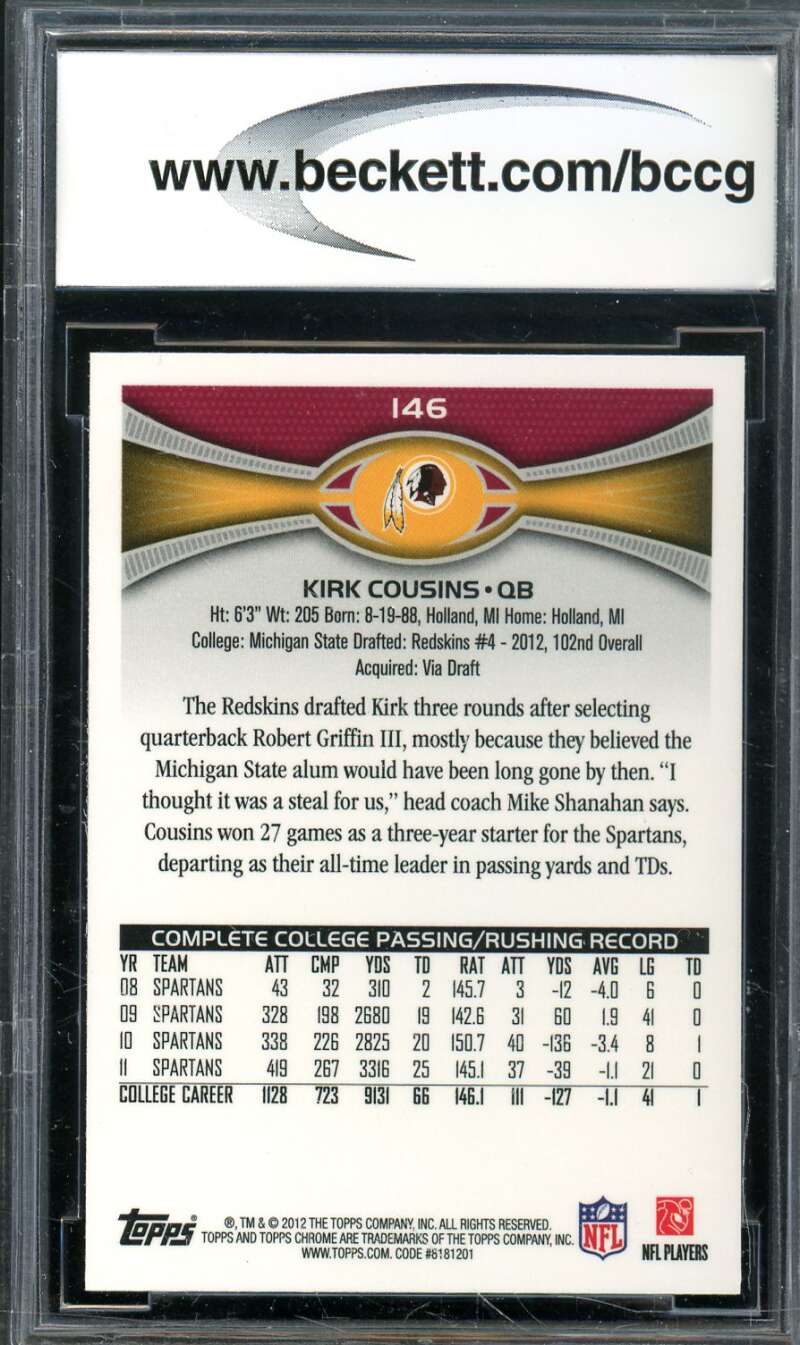 Kirk Cousins Rookie Card 2012 Topps Chrome #146 BGS BCCG 10 Image 2