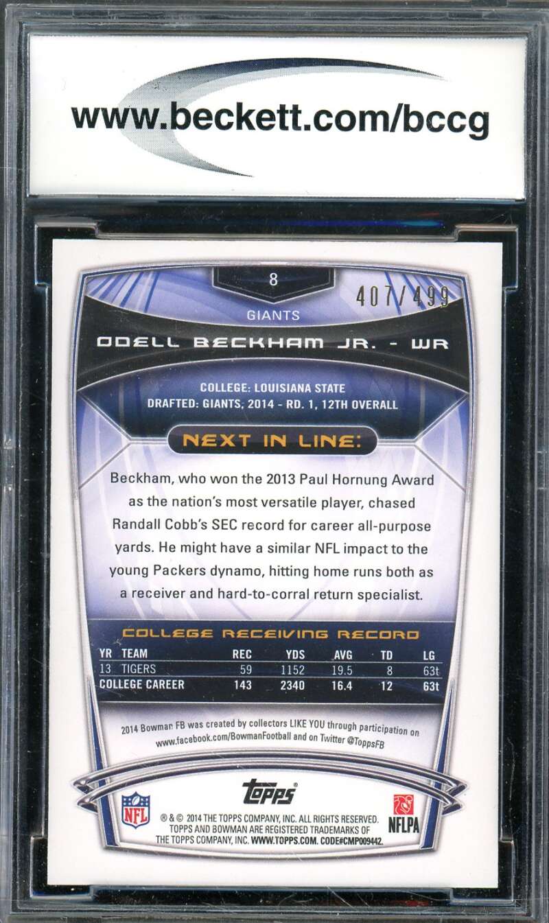 Odell Beckham Jr. Rookie Card 2014 Bowman Blue #R8 BGS BCCG 9 Image 2