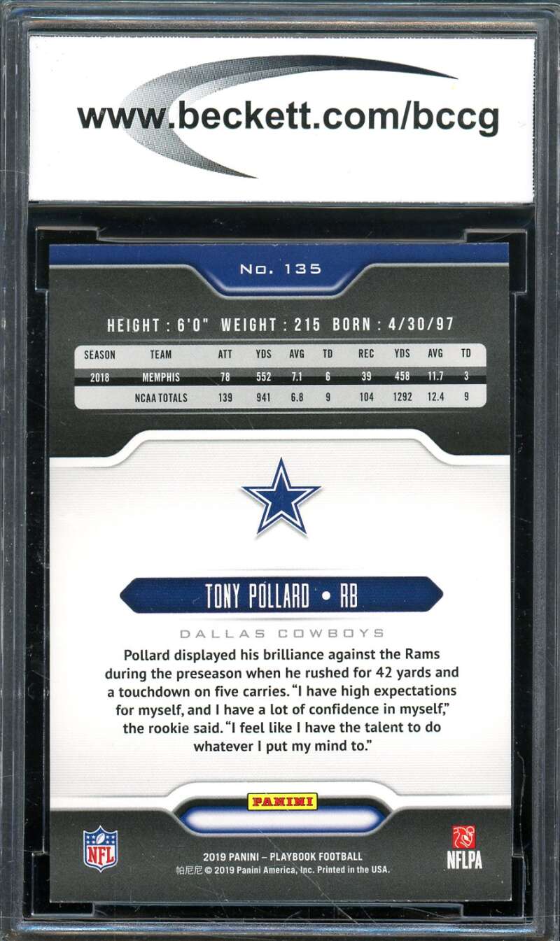 Tony Pollard Rookie Card 2019 Panini Playbook #135 BGS BCCG 10 Image 2