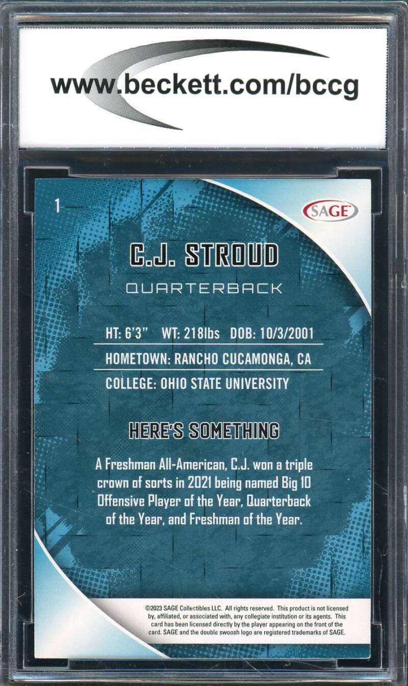 C.J. Stroud Rookie Card 2023 SAGE HIT Green #1 BGS BCCG 9 Image 2