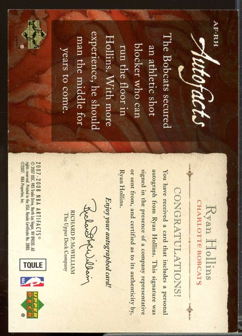 Ryan Hollins Card 2007-08 Artifacts Autofacts #AFRH  Image 2