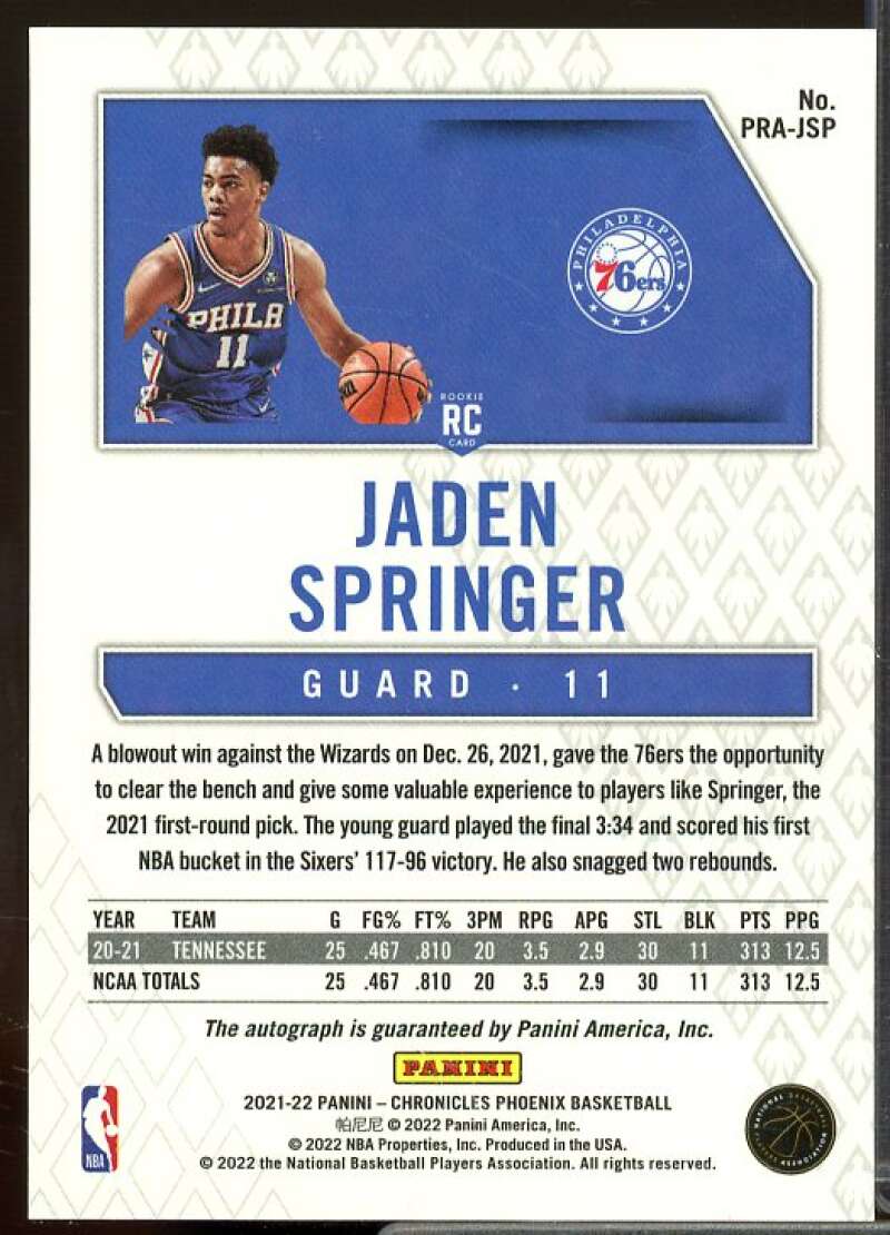 Jaden Springer Card 2021-22 Panini Chronicles Phoenix Rookie Autographs Red #33  Image 2