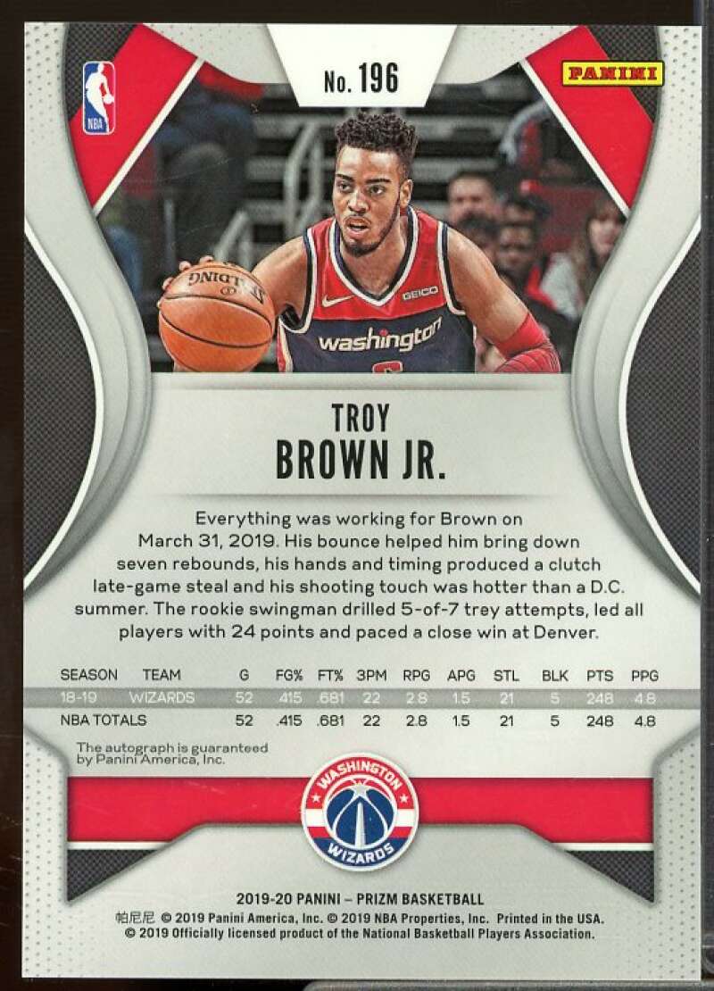 Troy Brown Jr. Card 2019-20 Panini Prizm Signatures #196  Image 2