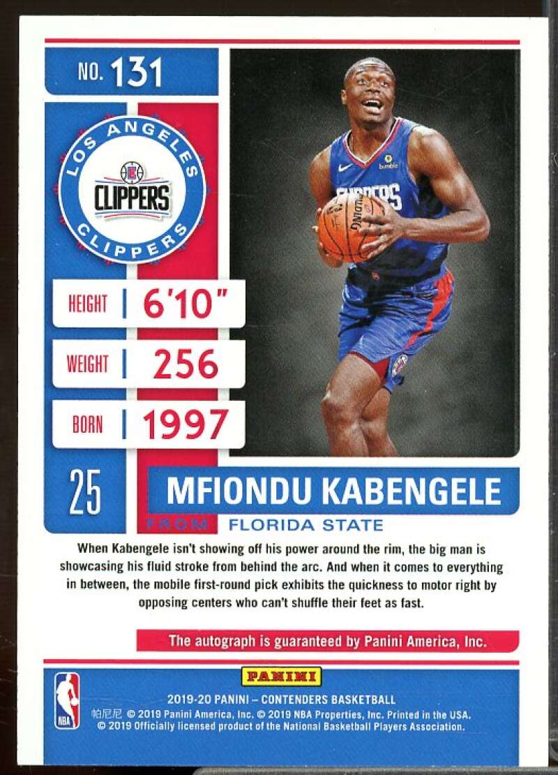 Mfiondu Kabengele AU Rookie Card 2019-20 Panini Contenders #131  Image 2