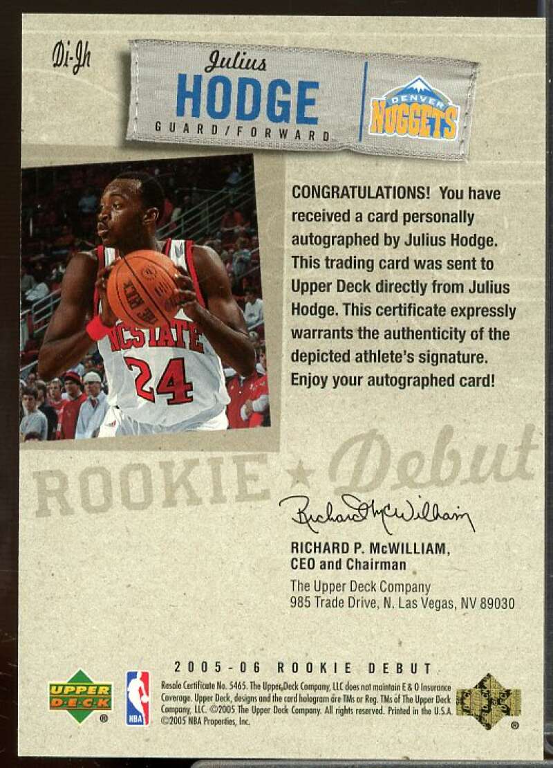 Julius Hodge Rookie Card 2005-06 Upper Deck Rookie Debut Ink #JH  Image 2