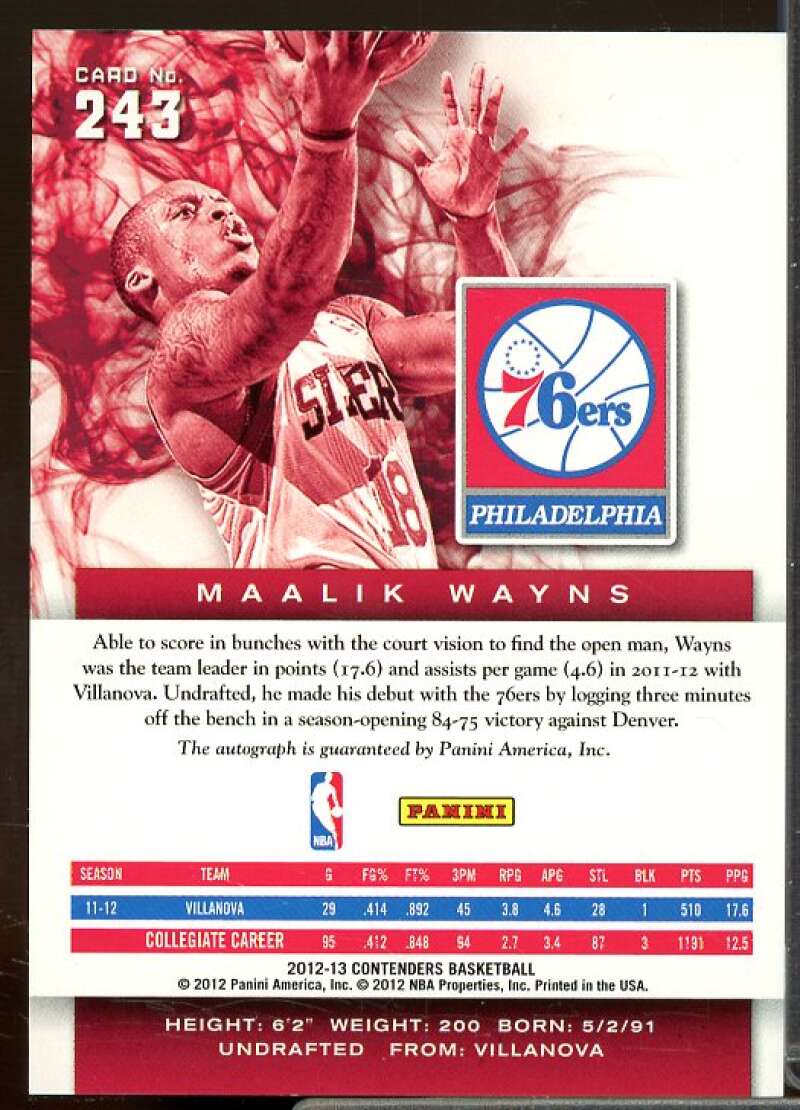 Maalik Wayns Rookie AU Rookie Card 2012-13 Panini Contenders #243  Image 2