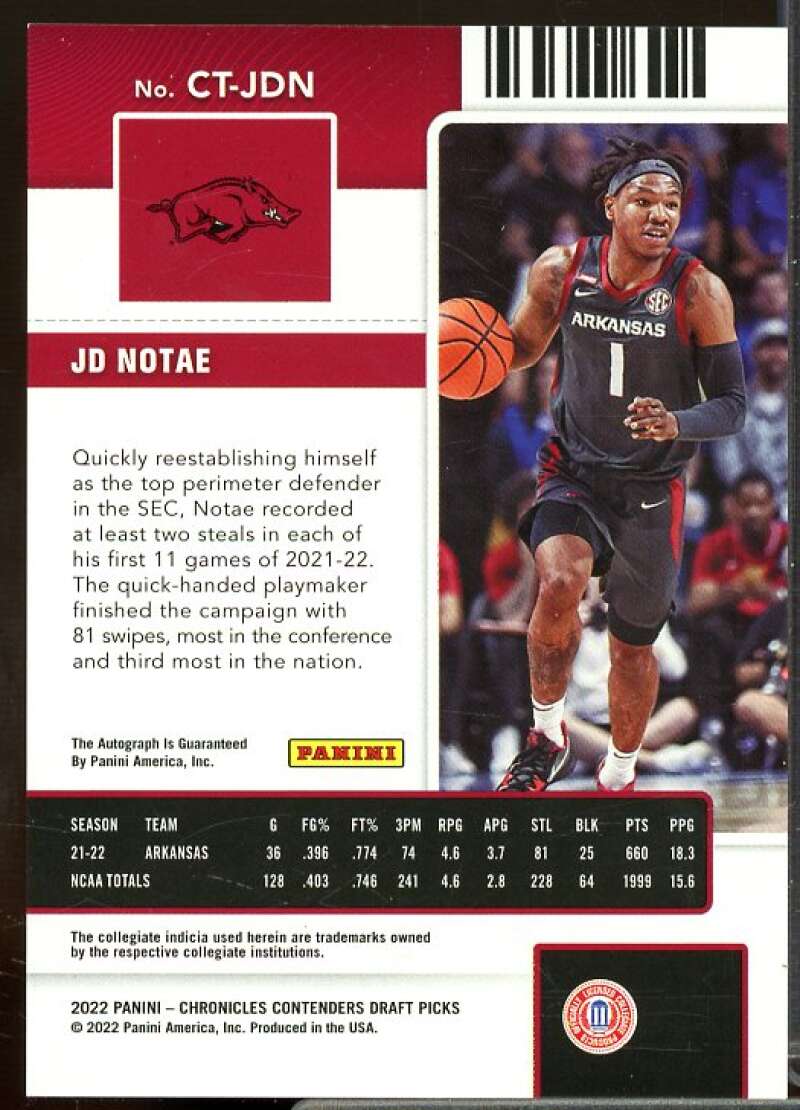 JD Notae 2022-23 Panini Chronicles Draft Contenders College Ticket Auto Pink #4  Image 2
