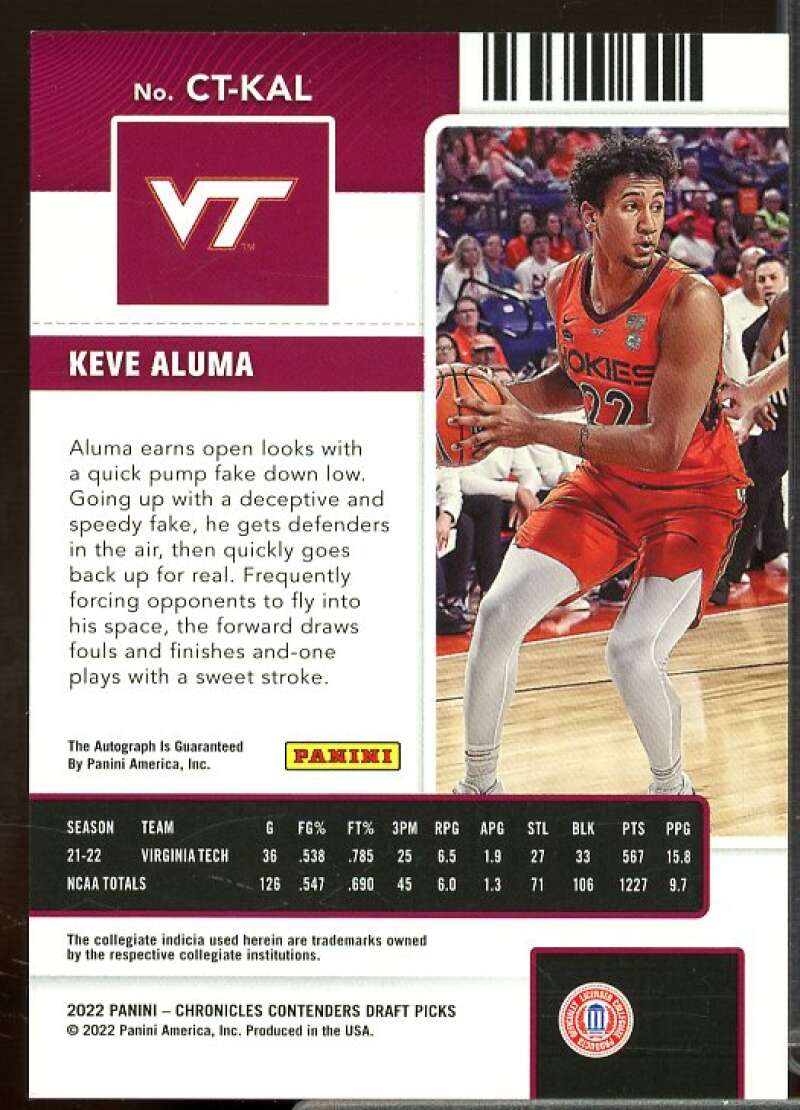 Keve Aluma 2022-23 Panini Chronicles Draft Contenders College Ticket Auto #12  Image 2