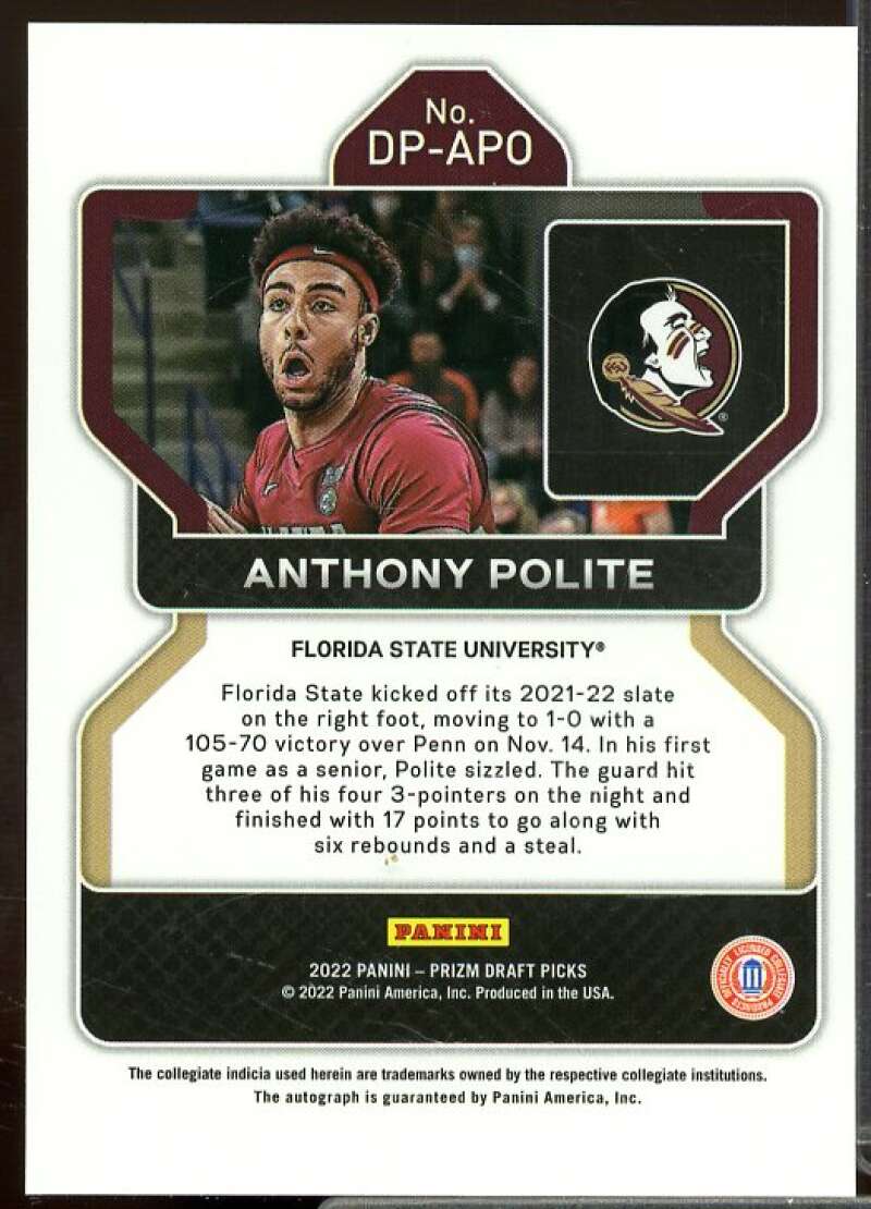 Anthony Polite Card 2022-23 Panini Prizm Draft Picks Draft Picks Autographs #88  Image 2