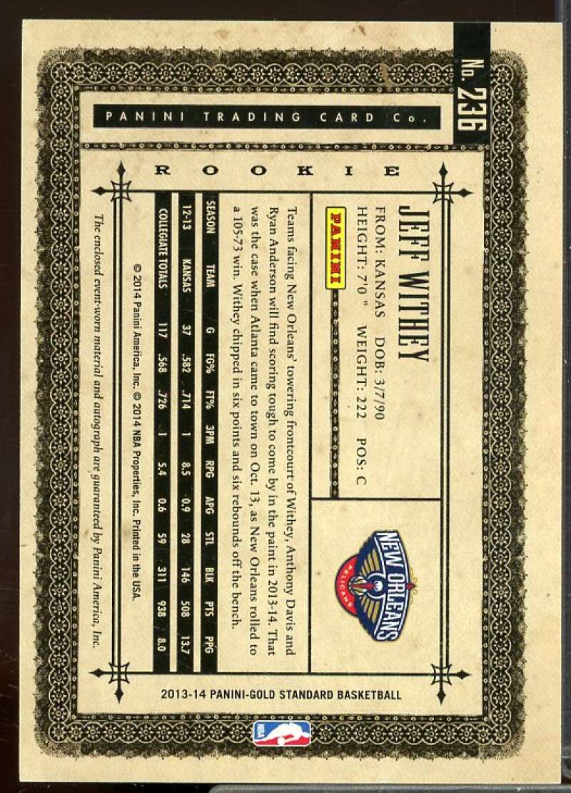 Jeff Withey Rookie JSY AU Rookie Card 2013-14 Panini Gold Standard #236  Image 2