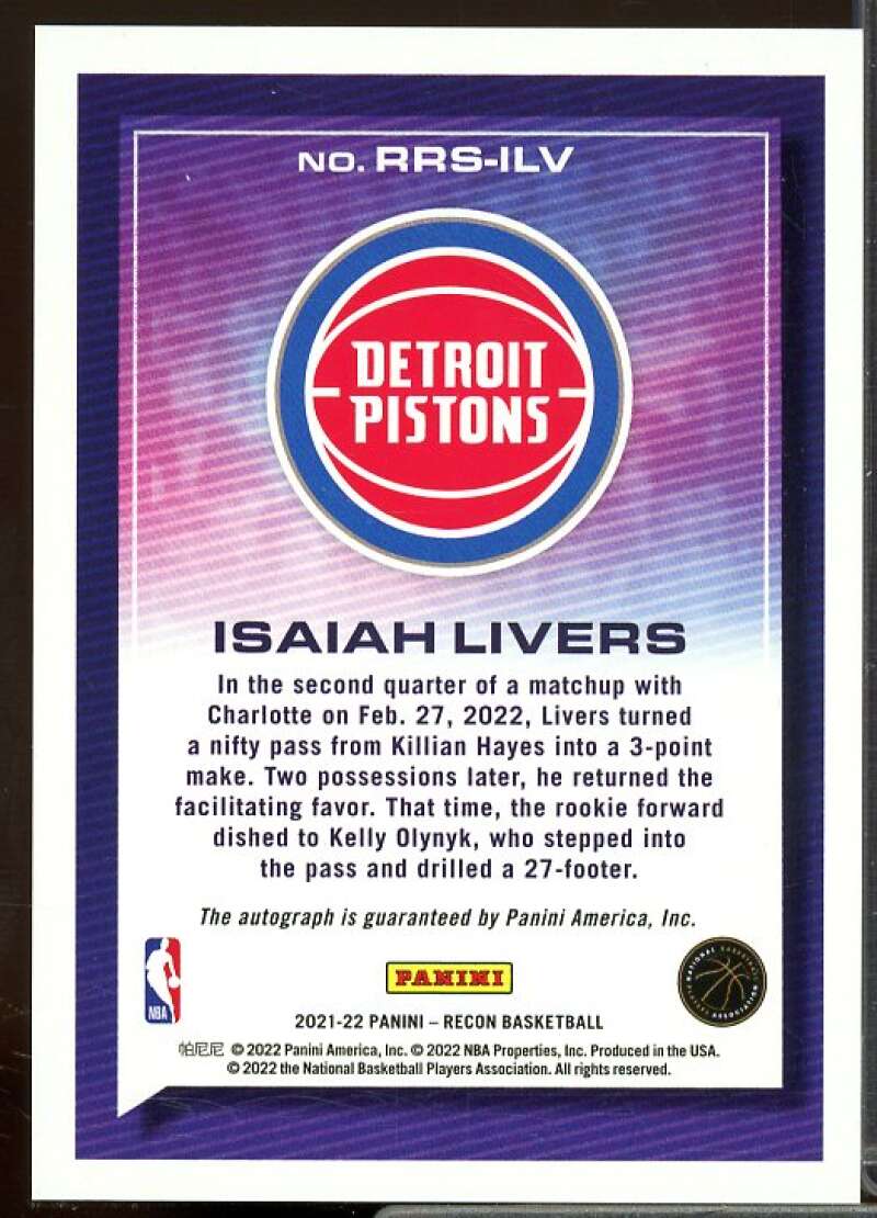 Isaiah Livers Rookie Card 2021-22 Panini Recon Rookie Recon Signatures #4  Image 2