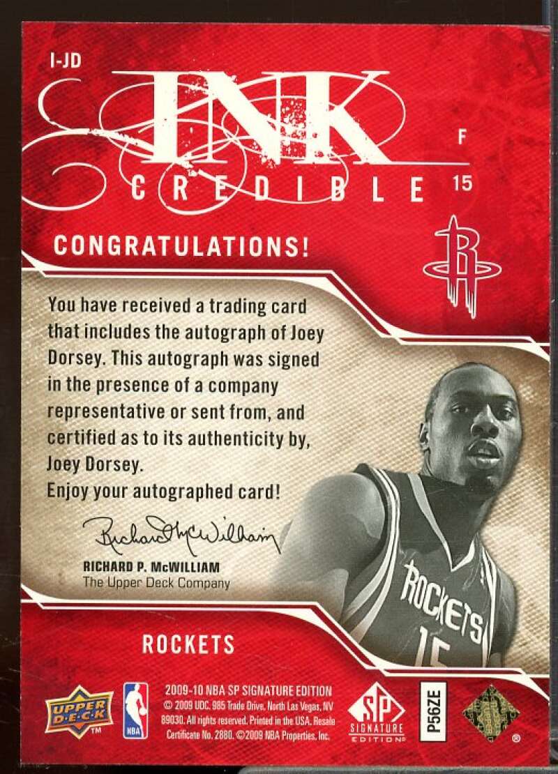 Joey Dorsey/499 Card 2009-10 SP Signature Edition INKcredible #IJD  Image 2