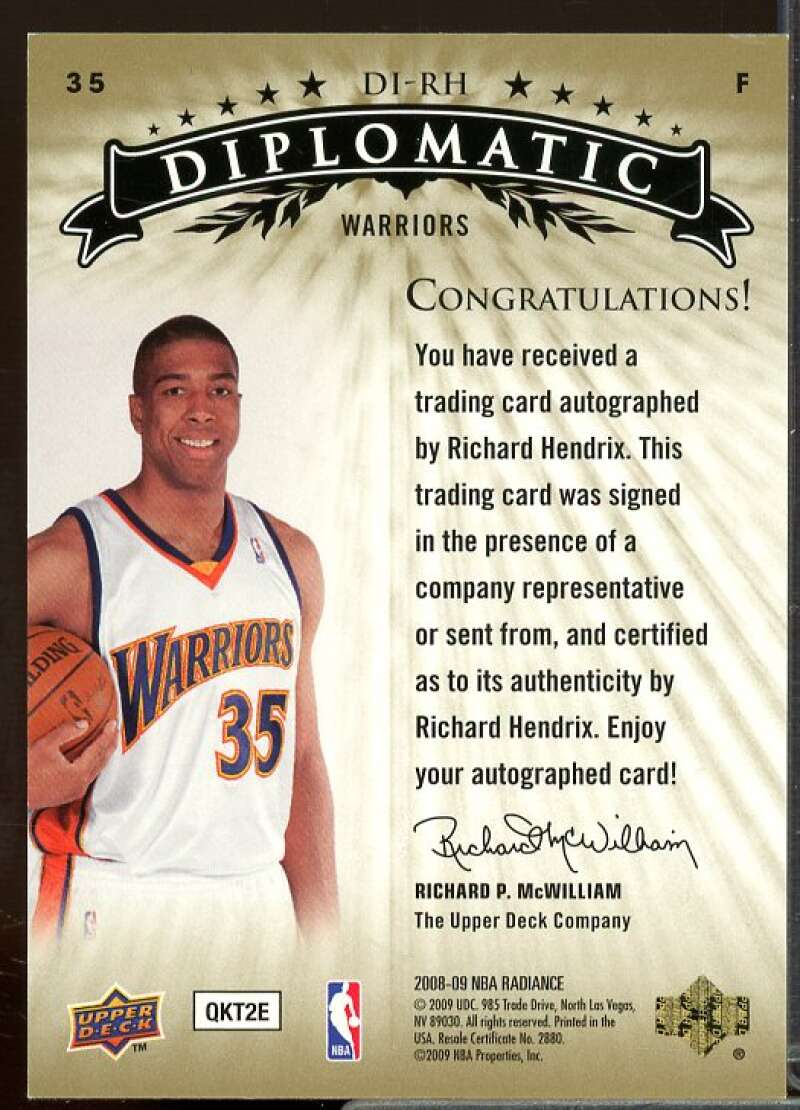Richard Hendrix Card 2008-09 Upper Deck Radiance Diplomatic Autographs #DIRH  Image 2