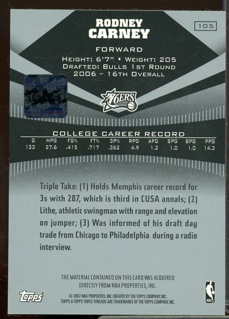Rodney Carney Rookie JSY AU Rookie Card 2006-07 Topps Triple Threads #105  Image 2