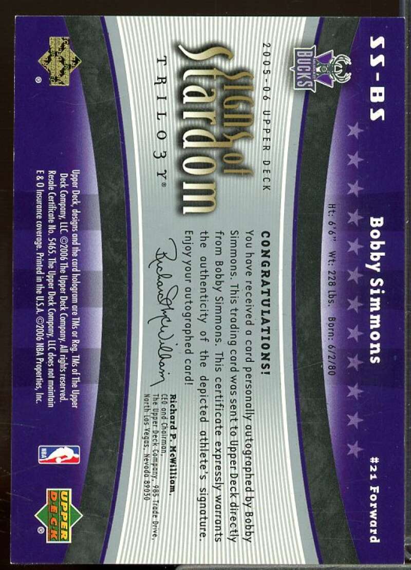 Bobby Simmons Card 2005-06 Upper Deck Trilogy Signs of Stardom #BS  Image 2