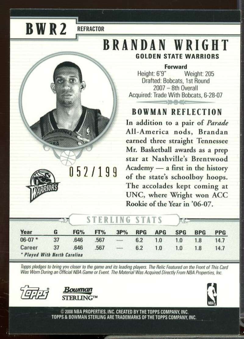 Brandan Wright JSY/199 Card 2007-08 Bowman Sterling Refractors #BWR2  Image 2
