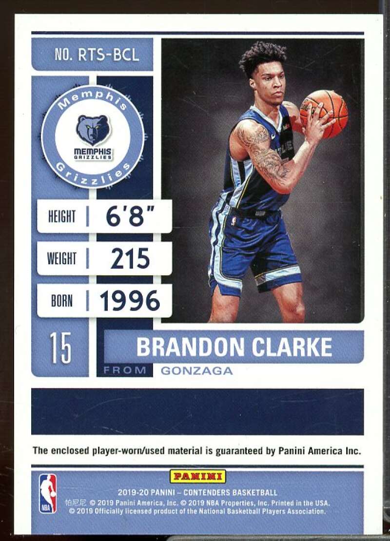 Brandon Clarke Rookie Card 2019-20 Panini Contenders Rookie Ticket Swatches #26  Image 2