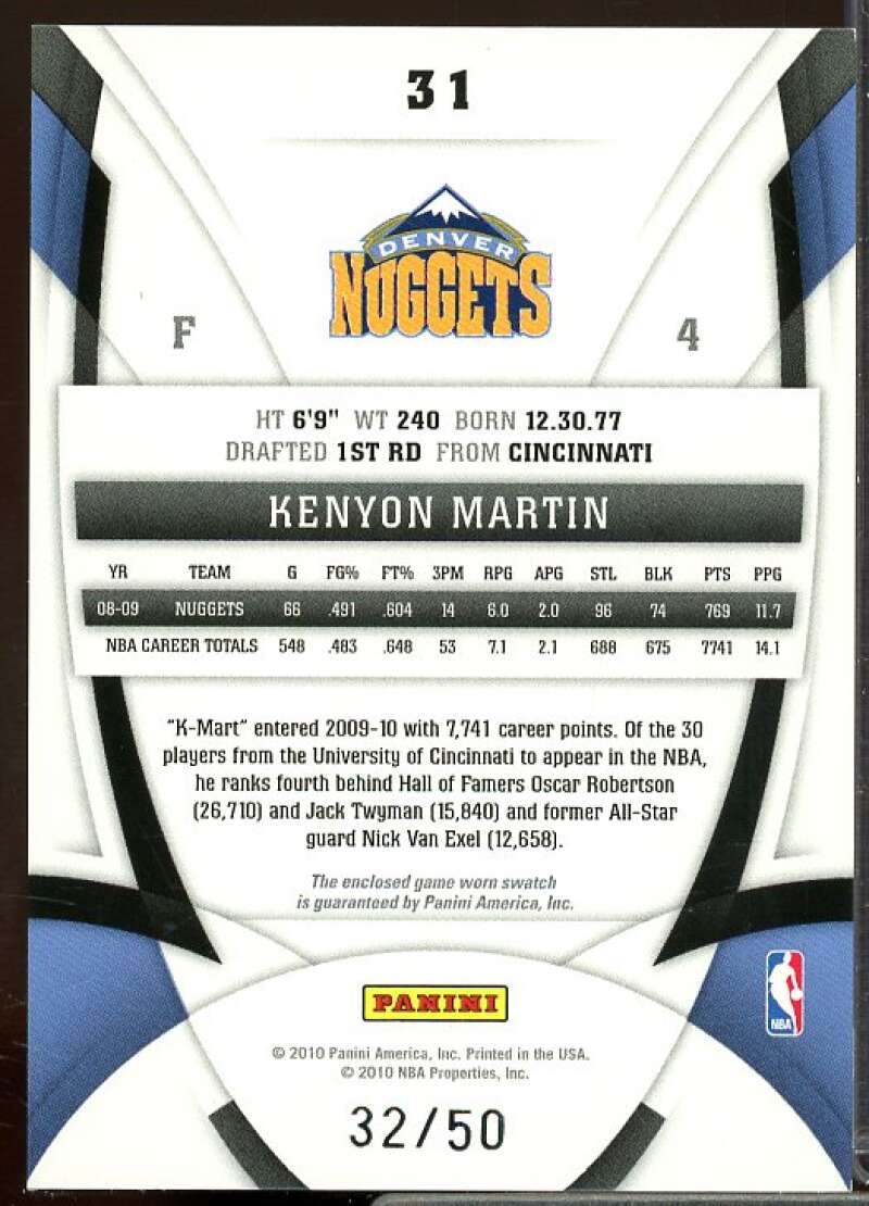 Kenyon Martin/50 Card 2009-10 Certified Mirror Blue Materials #31  Image 2
