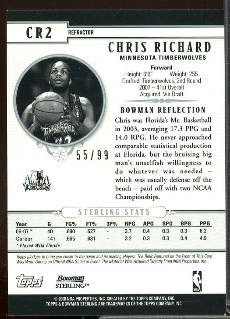 Chris Richard Rookie Jersey Card 2007-08 Bowman Sterling Refractors Black #CR2  Image 2
