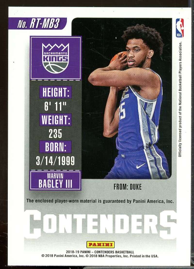Marvin Bagley III Rookie 2018-19 Panini Contenders Rookie Ticket Swatches #19  Image 2