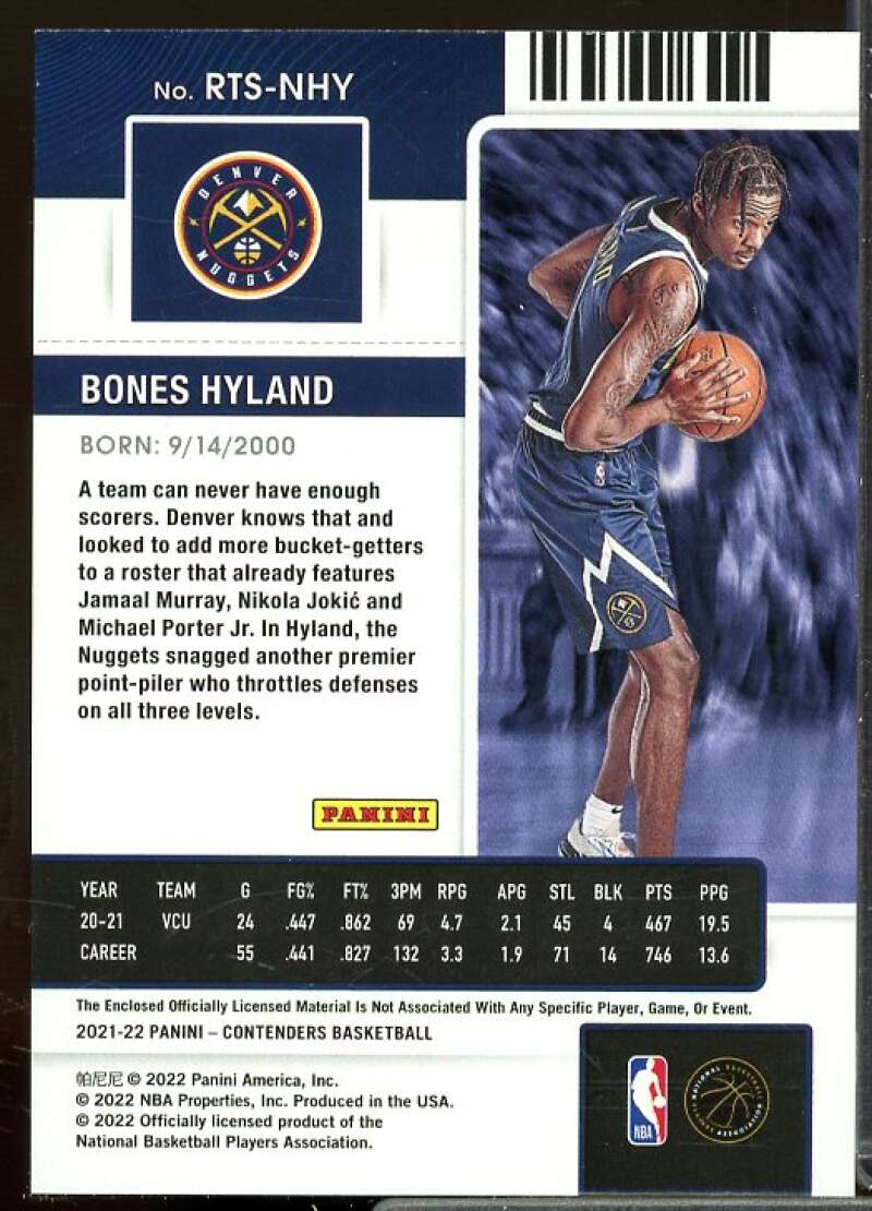 Bones Hyland Rookie Card 2021-22 Panini Contenders Rookie Ticket Swatches #26  Image 2