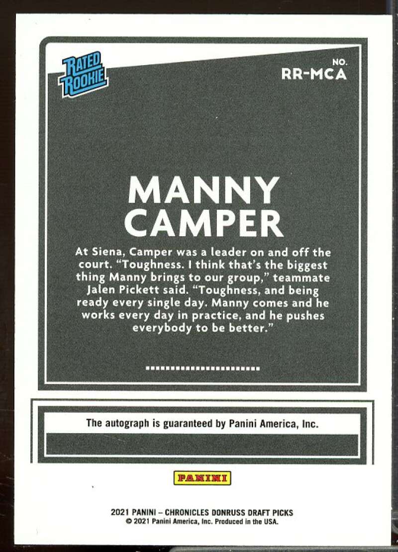 Manny Camper 2021-22 Panini Chronicles Draft Donruss Rated Rookie Autographs #21  Image 2