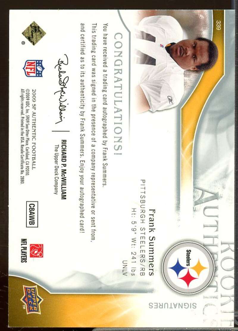 Frank Summers AU/799 Rookie Card 2009 SP Authentic Rookie #339  Image 2