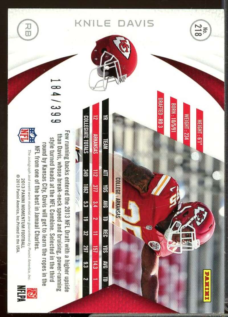 Knile Davis JSY/399 Rookie Card 2013 Momentum Rookie Signatures #218  Image 2