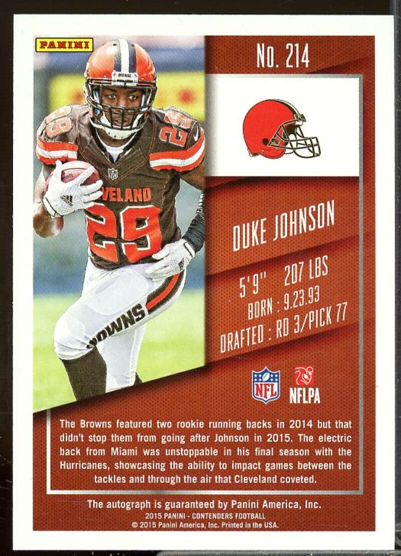 Duke Johnson AU Rookie Card 2015 Panini Contenders Rookie #214A  Image 2