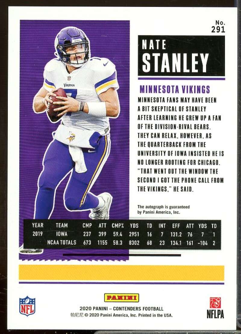 Nate Stanley AU Rookie Card 2020 Panini Contenders Rookie #291  Image 2