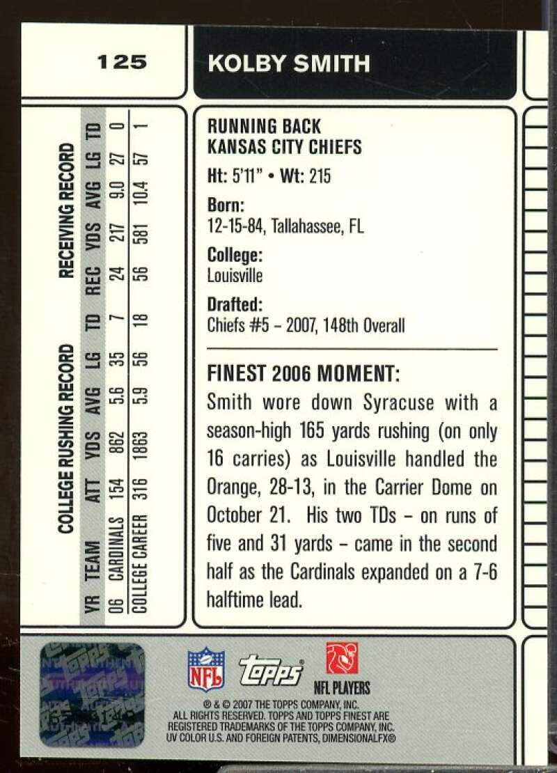 Kolby Smith H Rookie Card 2007 Finest Rookie Autographs #125  Image 2