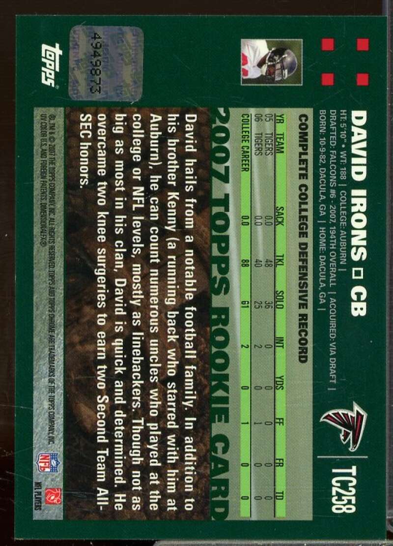 David Irons F Rookie Card 2007 Topps Chrome Rookie Autographs #TC258  Image 2