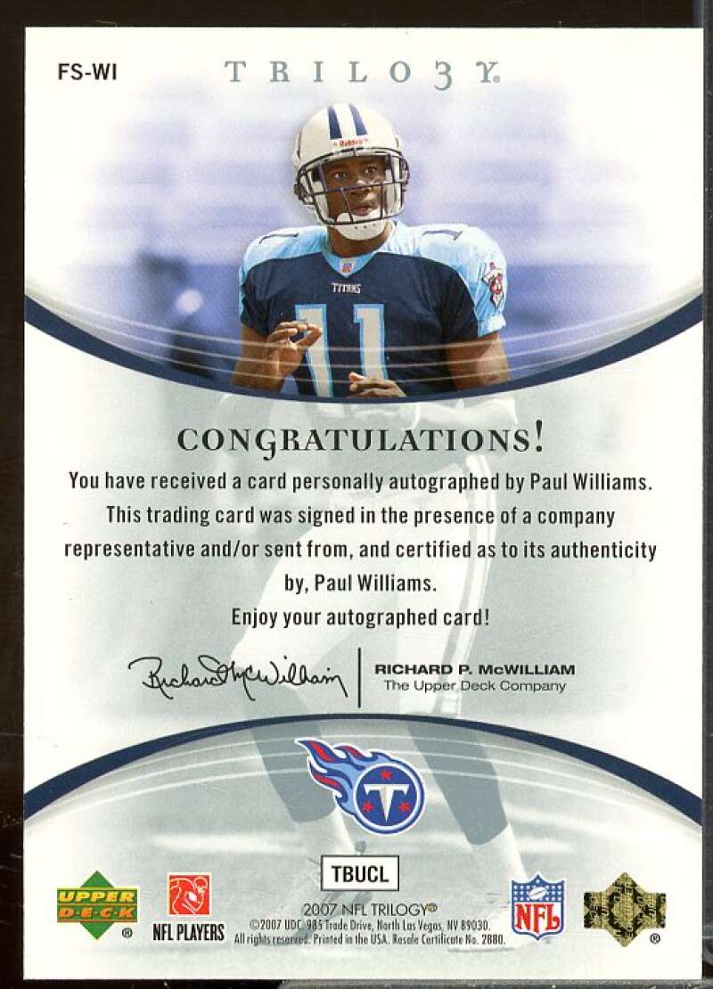 Paul Williams/99 Rookie 2007 Upper Deck Trilogy Signature Future Autographs #WI  Image 2