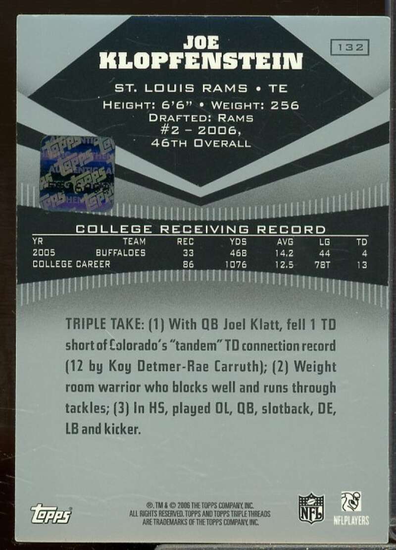 Joe Klopfenstein JSY AU Rookie Card 2006 Topps Triple Threads Rookie #132  Image 2